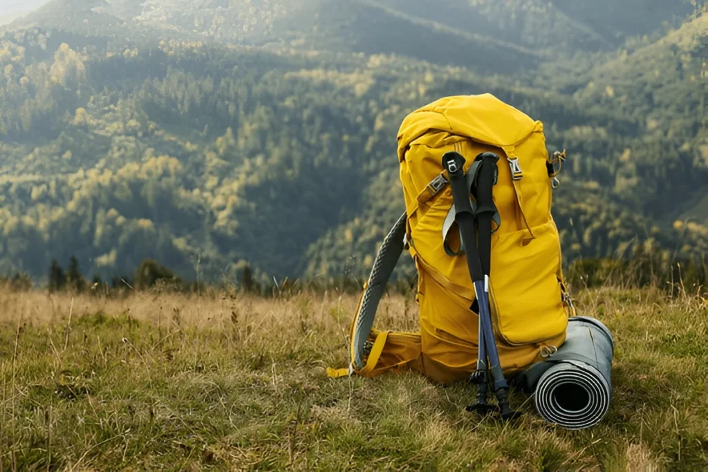 Backpack, trekking poles and sleeping mat in mountains, space for text. Tourism equipment