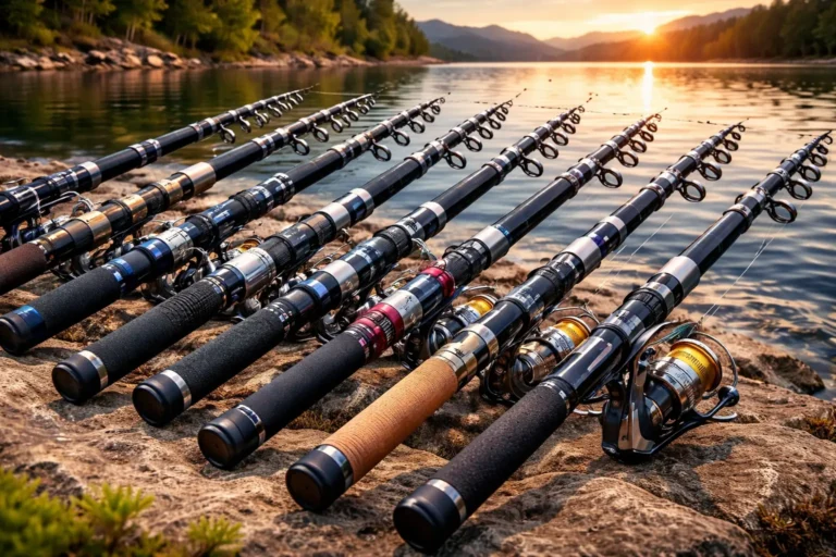 Best telescopic fishing rod collection lined up by the lakeside showing multiple telescoping fishing rods with spinning reels ready for fishing.
