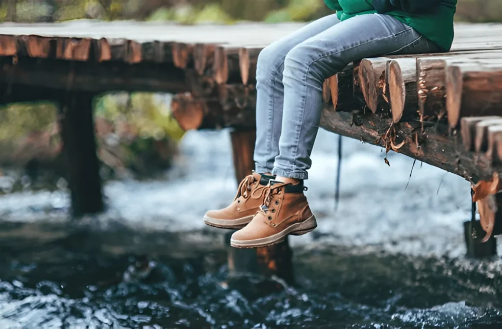 Person sitting on a wooden bridge wearing waterproof boots above a flowing stream, featured in the Complete Guide to Waterproof Shoes for Women.