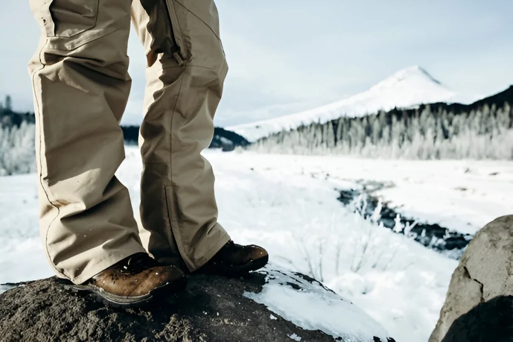 Closeup of mans legs with ski pants and hiking boots with Mt Hood in the background in winter
