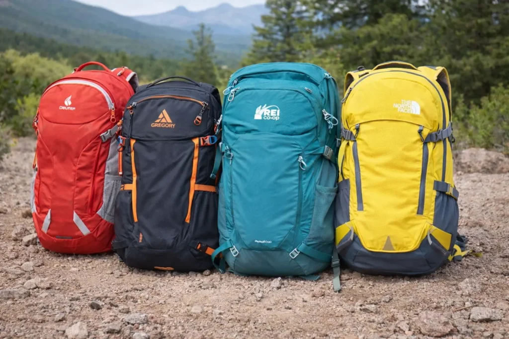 Colorful hiking daypacks on rocky ground