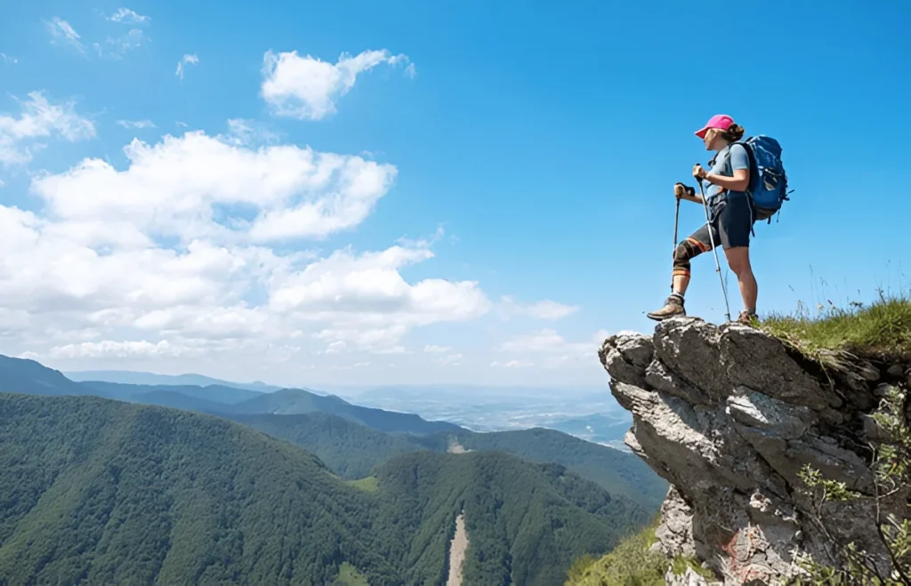 Female backpacker woman with best trekking poles and backpack staying on rocky cliff enjoying green valley