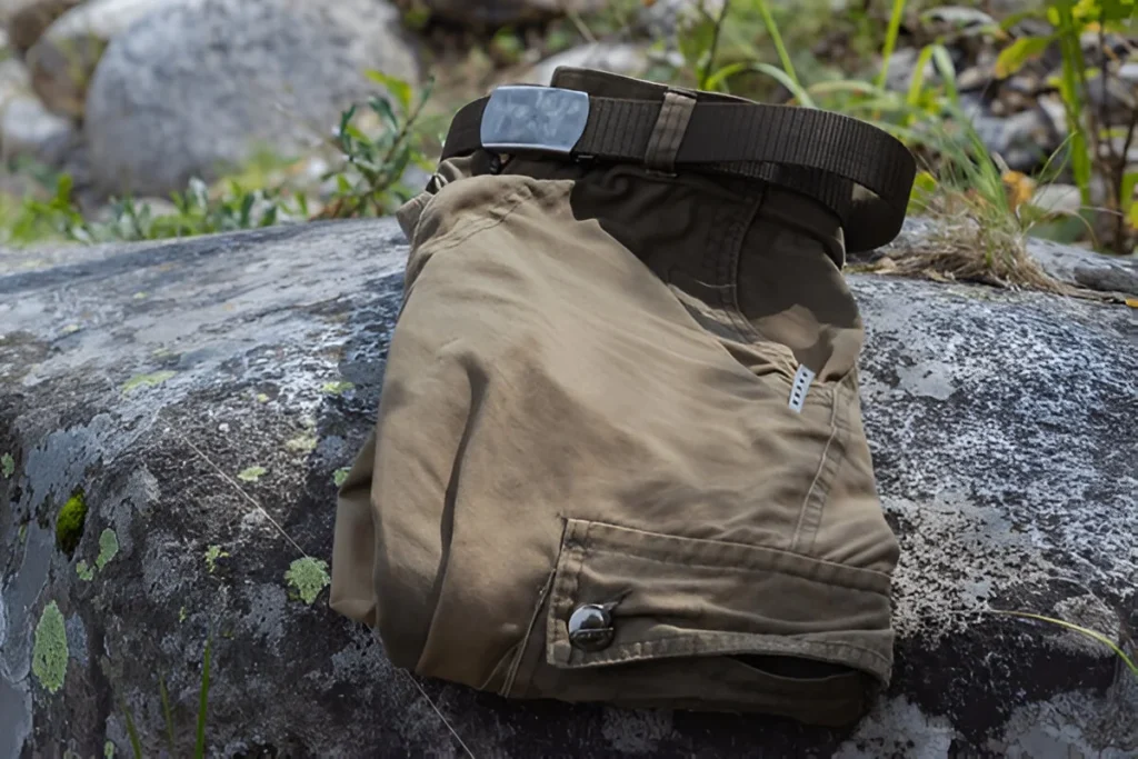 Folded trousers in military style with a belt with a shiny buckle, with a knife in a pocket lying on a stone