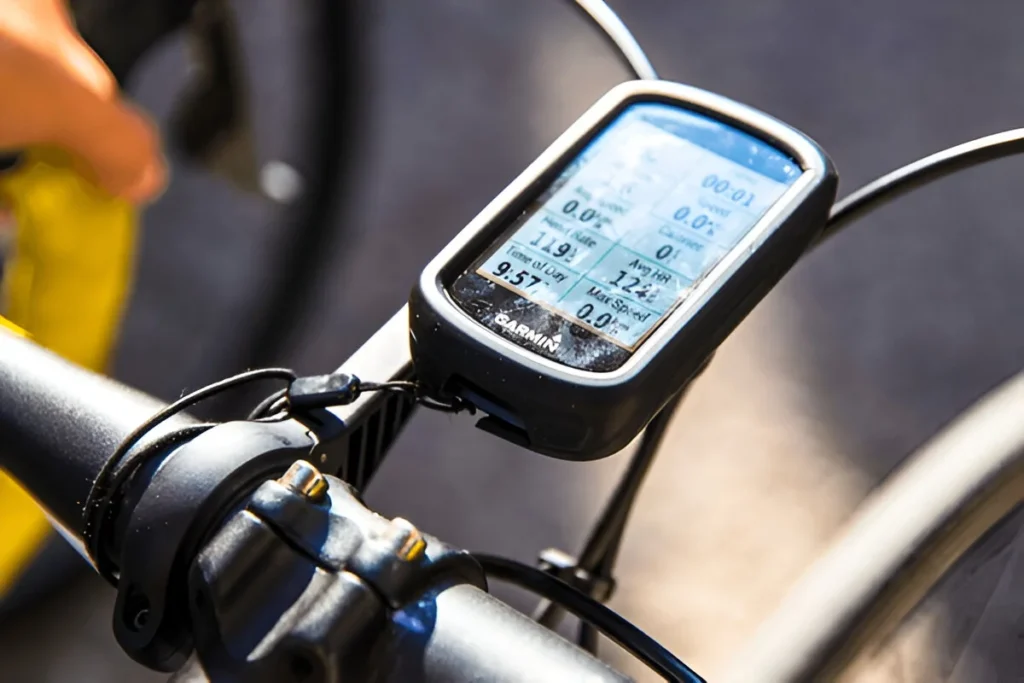 A Garmin device mounted on a bike handlebar, showcasing data display—an ideal choice among the Best Handheld GPS units for cyclists.