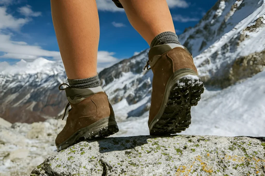 Hiking boot closeup on mountain rocks