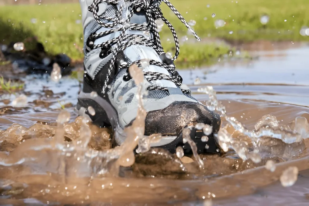 Hiking boot splashing in a puddle of muddy water