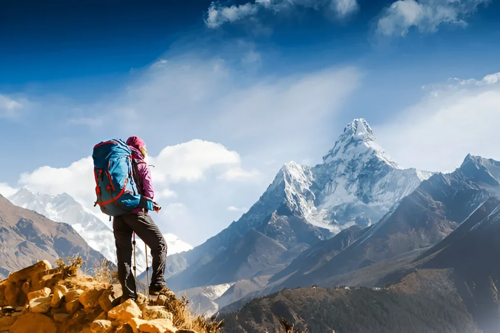 A woman hiker stands confidently in the Himalayas, wearing the best hiking pants for women built for extreme mountain adventures.