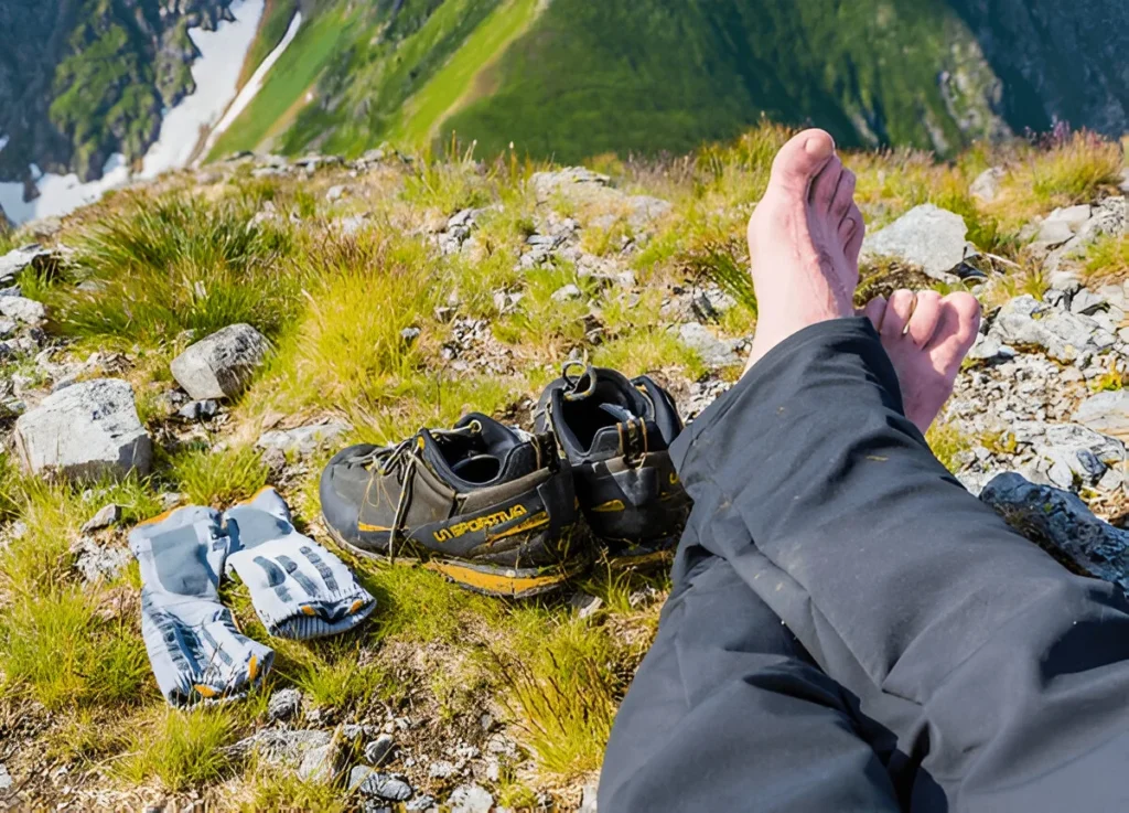 A Hiker rest to dry in the sun wet approach shoes La Sportiva