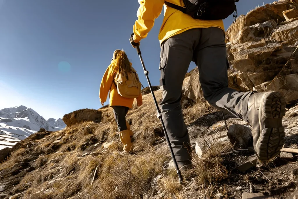 Two tourists walks with small backpacks and Best Trekking Poles high in mountains