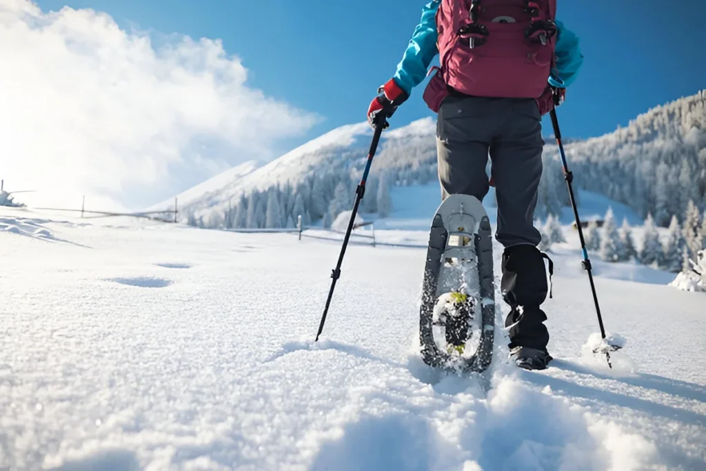 a woman with a backpack in snowshoes climbs a snowy mountain