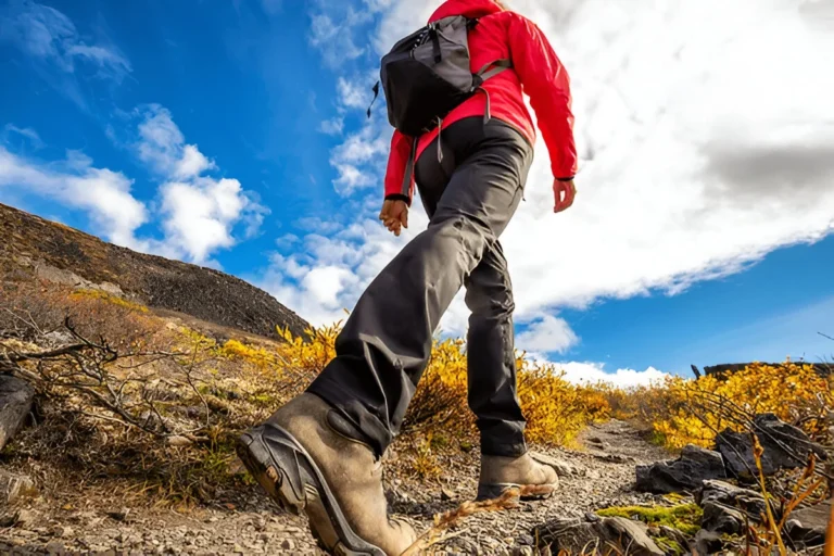 A hiker in the best hiking pants walks up a rugged trail on a clear day, surrounded by golden bushes and mountain views — built for comfort, movement, and adventure.