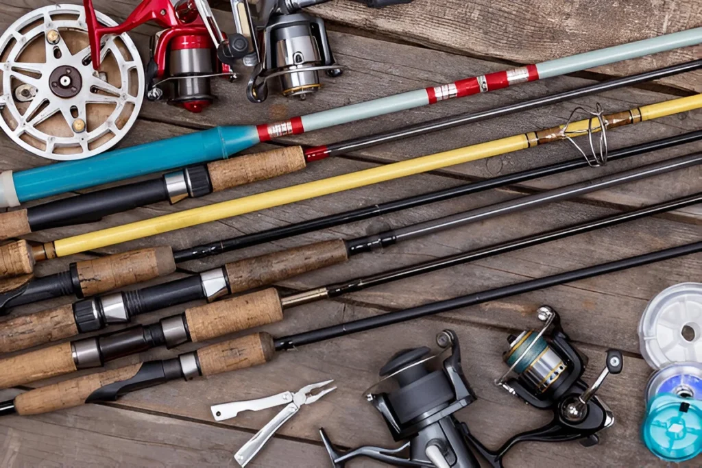 different fishing rods and reels on wooden boards background. creative idea for design tackle service