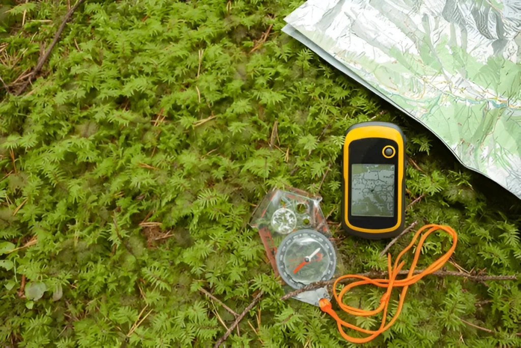 finding the right position in the forest with a compass, map  and GPS
