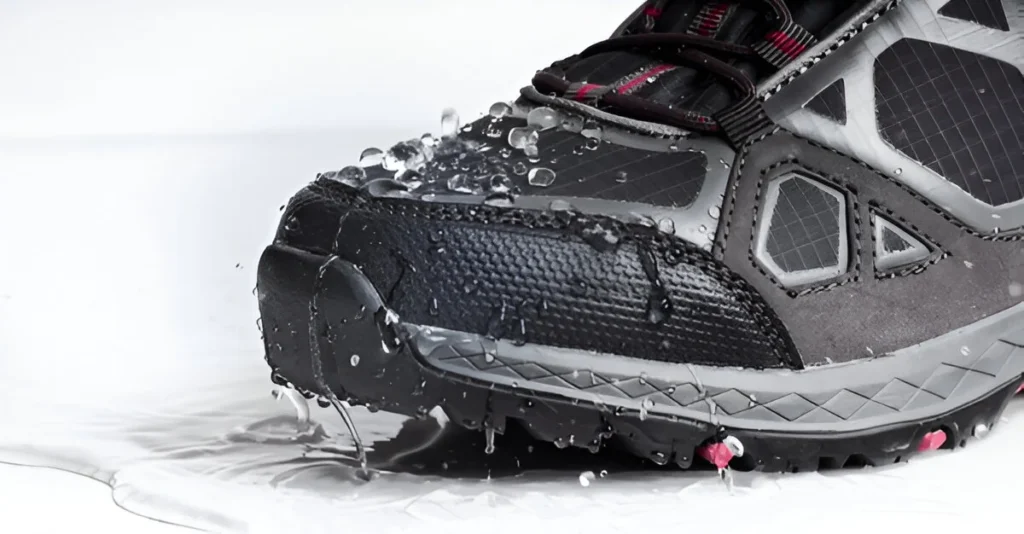 trekking boots in water drops on a white background