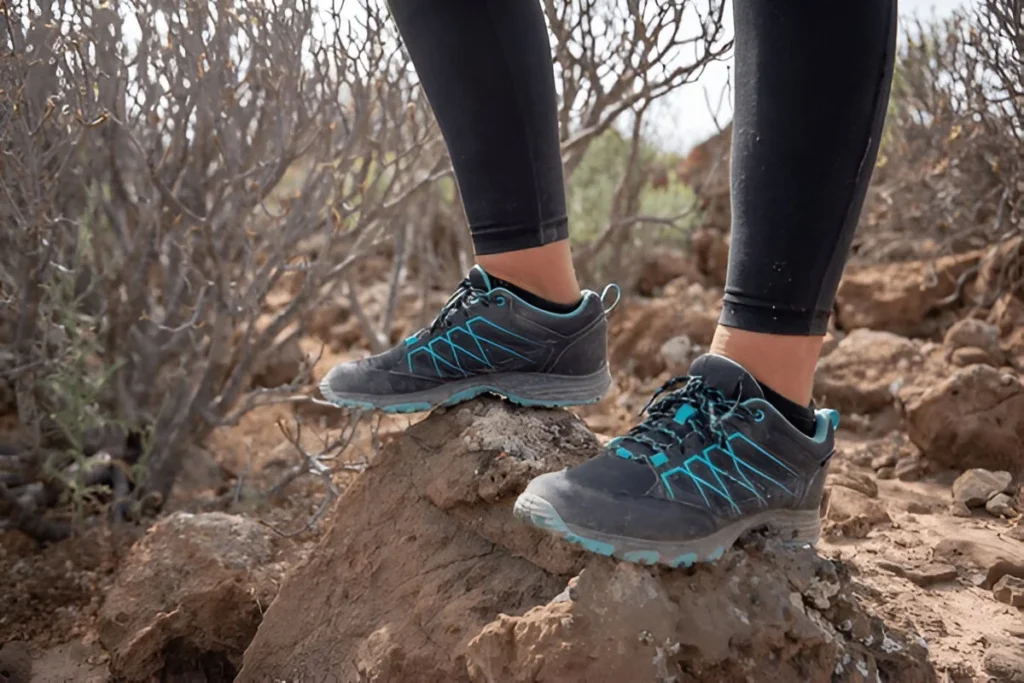 Close-up of a woman standing on rocky terrain wearing the best hiking shoes for rugged trails.
