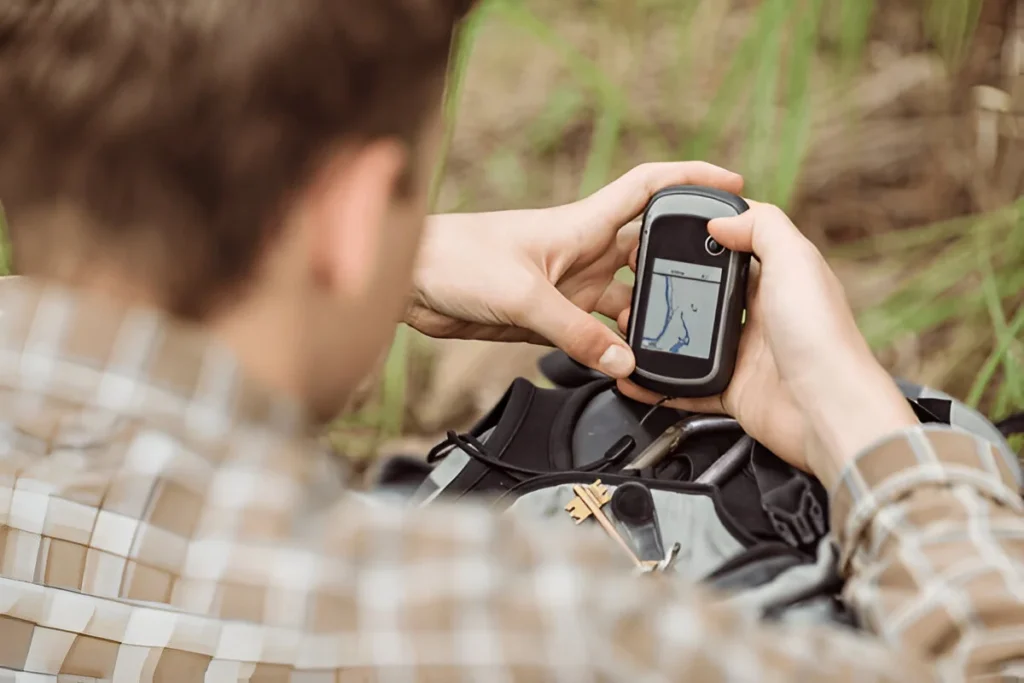 young tourist  in the woods determines location using Garmin eTrex 32x