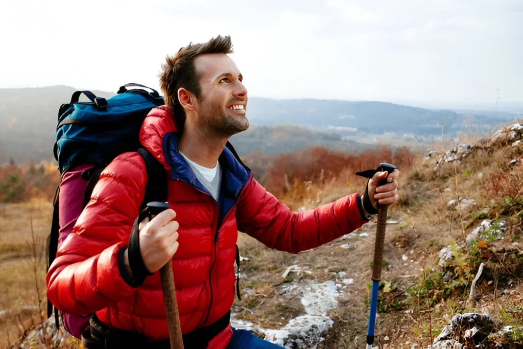 A happy hiker wearing a red insulated coat on a trail, highlighting the best down jackets for men for outdoor adventures