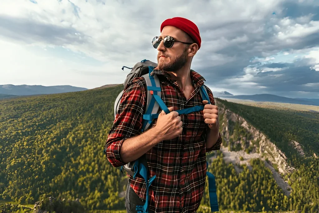 Stylish hiker wearing the best sunglasses for men, perfect for outdoor adventures and mountain views.
