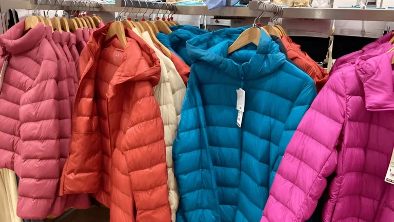 Colorful insulated winter coats on display, showcasing styles similar to the best down jackets for men