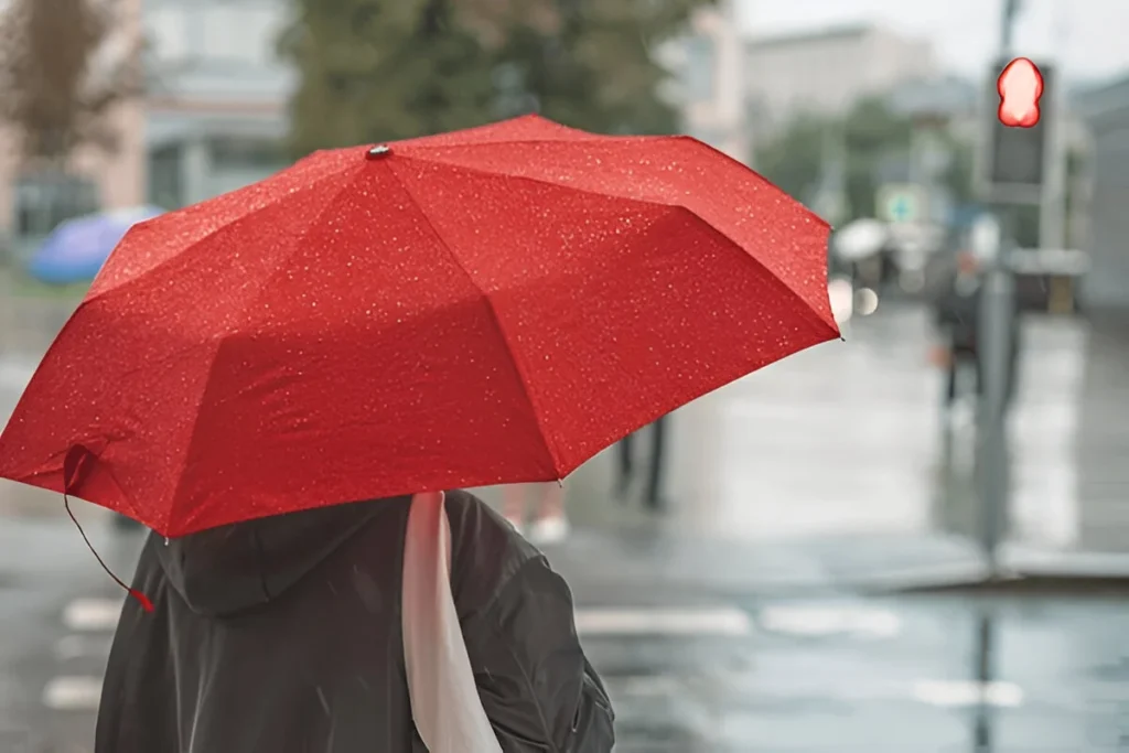 Abstract girl under red umbrella, modern city, rainy evening