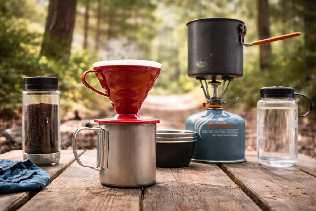 Best Camping Coffee Makers setup on a rustic outdoor table at a campsite in the forest. Portable camping coffee makers with a pour-over dripper and stove for brewing fresh coffee outdoors.