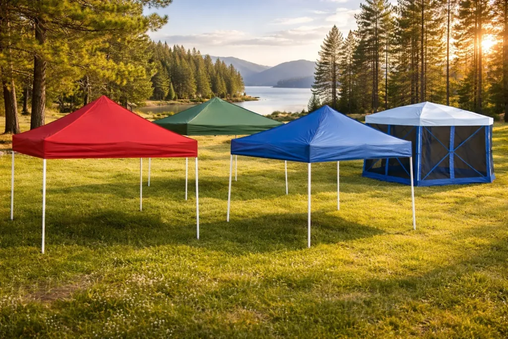 Best Canopy Tents set up on a grassy field near a scenic lake and forest landscape. A collection of Best Canopy Tents designed for outdoor events, camping, and shade protection.
