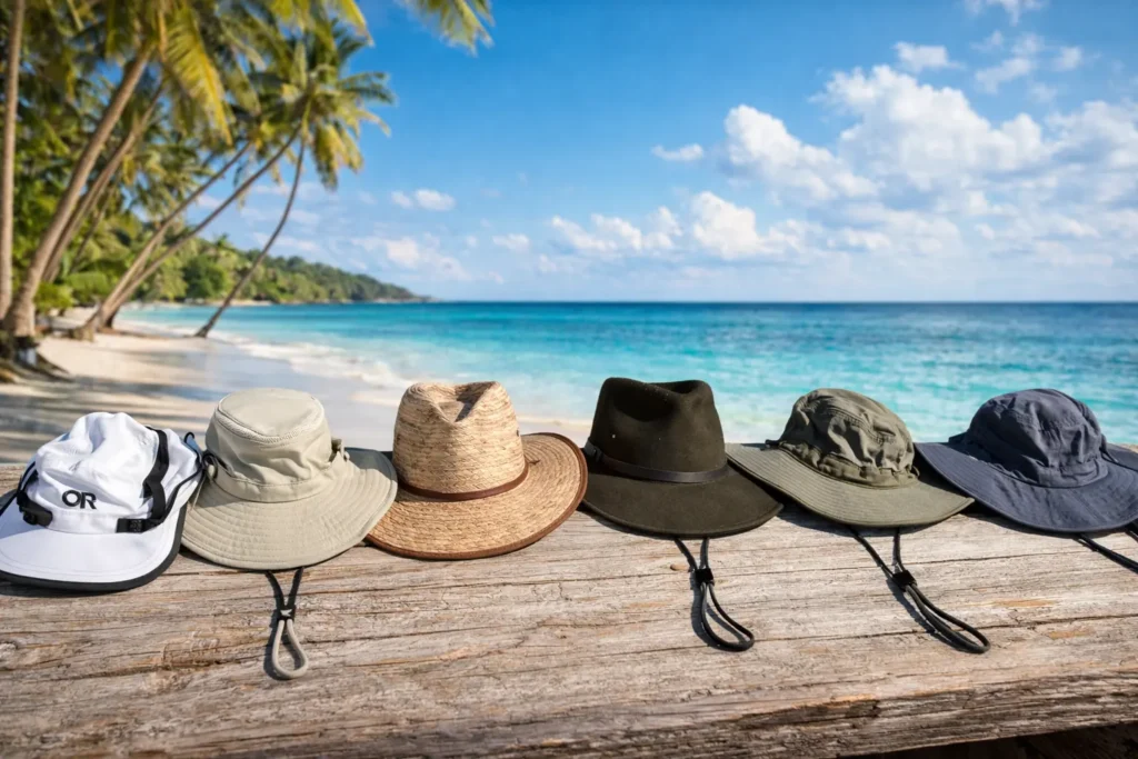 Best Sun Hats displayed on a wooden surface at a tropical beach with palm trees and ocean in the background. A variety of Best Sun Hats designed for outdoor sun protection, travel, and summer adventures.