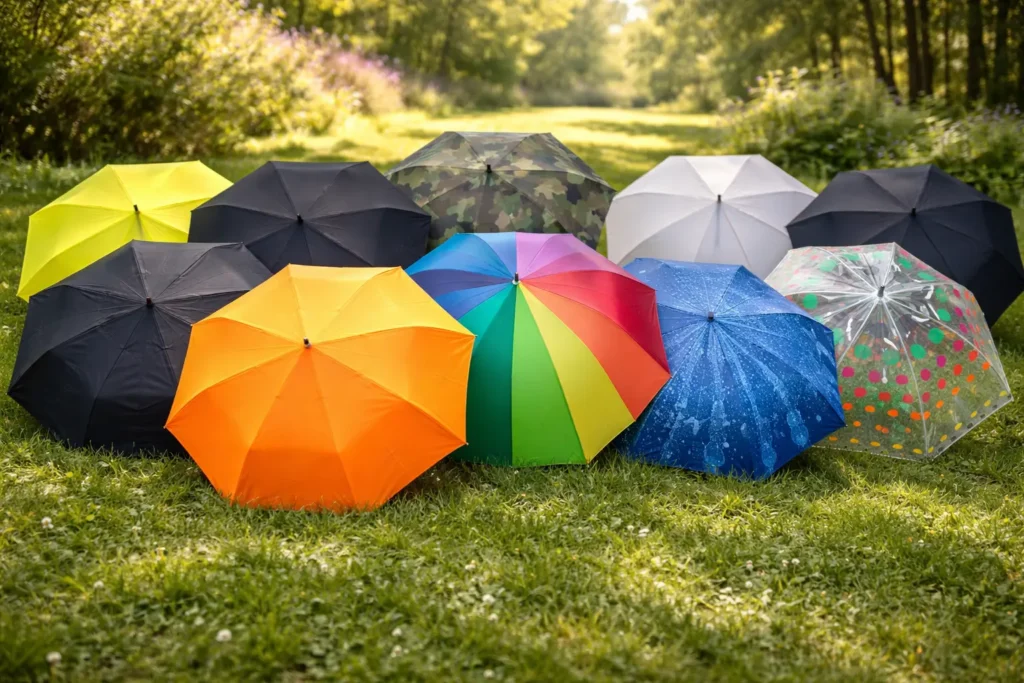Best Umbrellas displayed in a colorful collection arranged on green grass in a bright outdoor setting. A variety of Best Umbrellas designed for rain protection, durability, and everyday use.