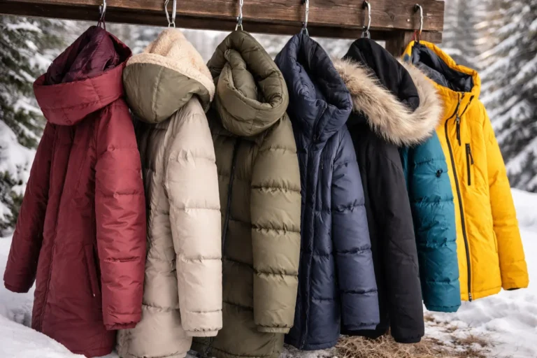 Best Winter Jackets hanging on a wooden rack in a snowy outdoor setting. Warm and durable winter jackets designed for cold weather protection and comfort.