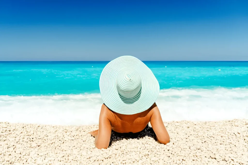 Carefree woman with straw best sun hats sunbathing lying on a idyllic beach