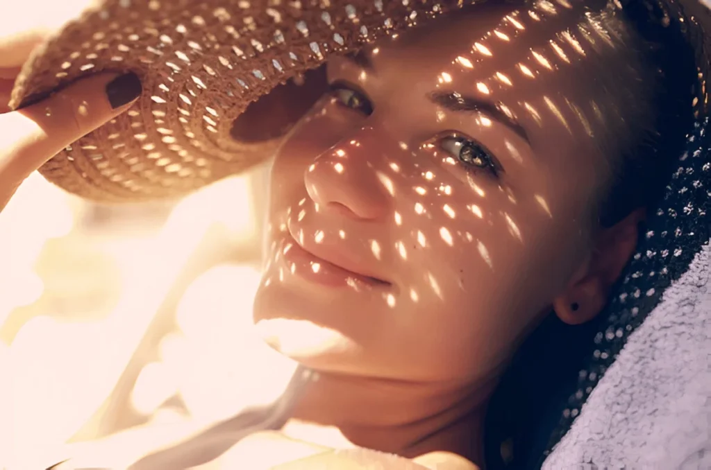Pretty woman on the beach, closeup portrait of a nice female hides her face from the sun under a straw hat, skin protection, happy healthy summer vacation