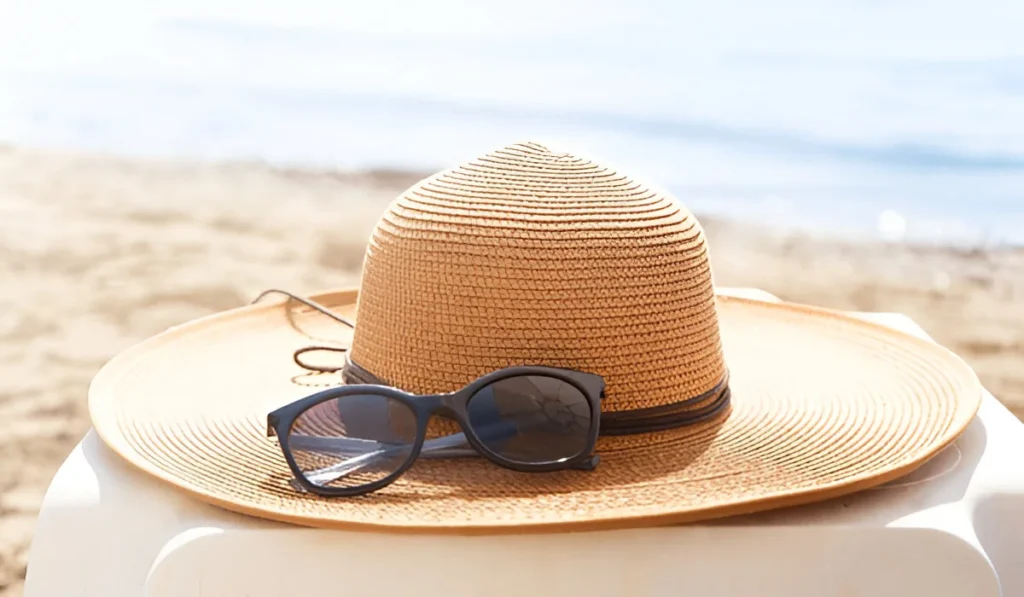 Straw hat and sunglasses on the beach. Beach holiday concept