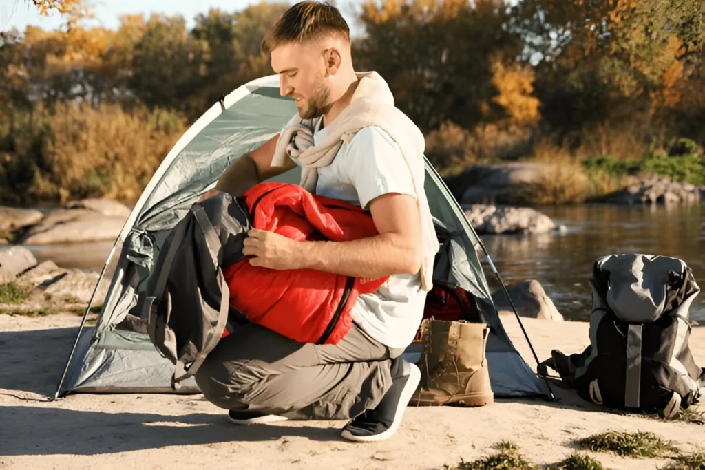 Young man packing a best sleeping bags near camping tent outdoors
