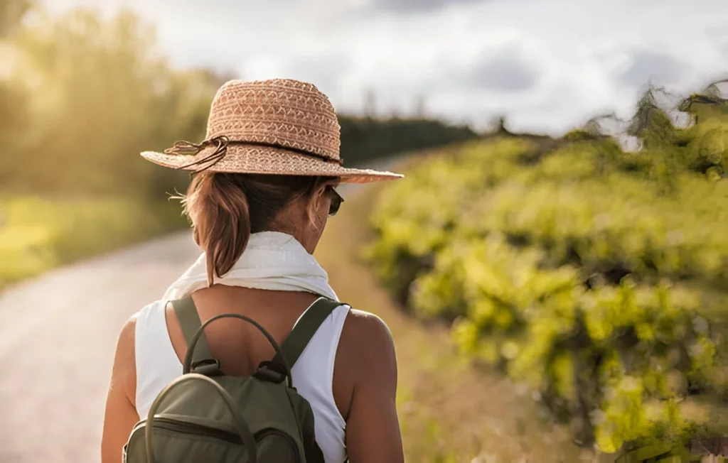 Woman wearing one of the best sun hats, walking along a scenic vineyard path at sunset with a backpack.