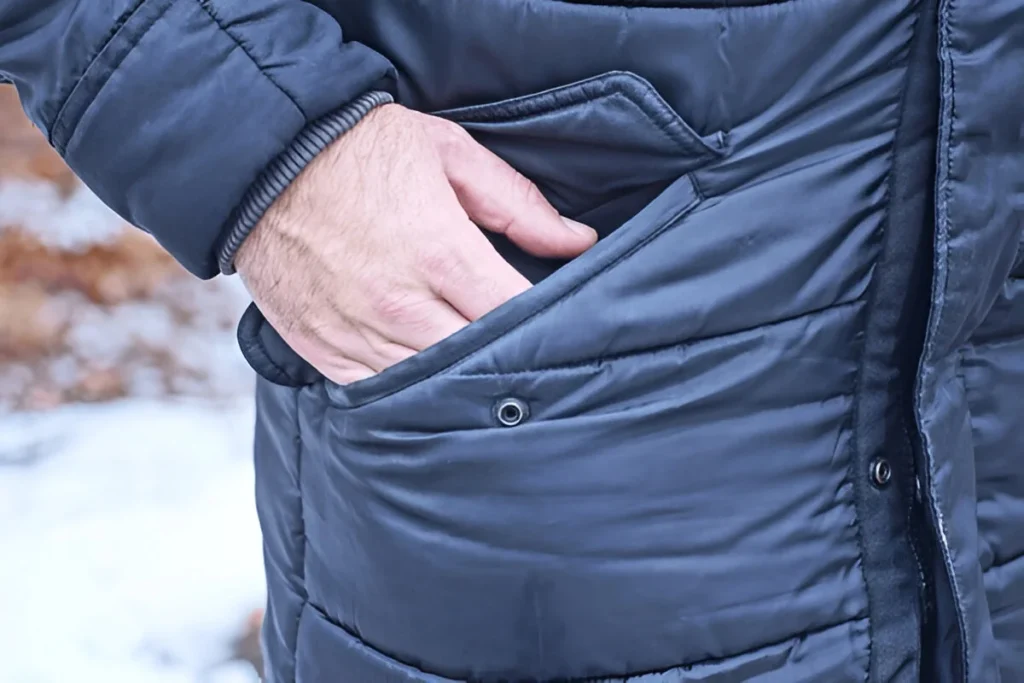 part of black winter jacket with hand in pocket on one man on winter street