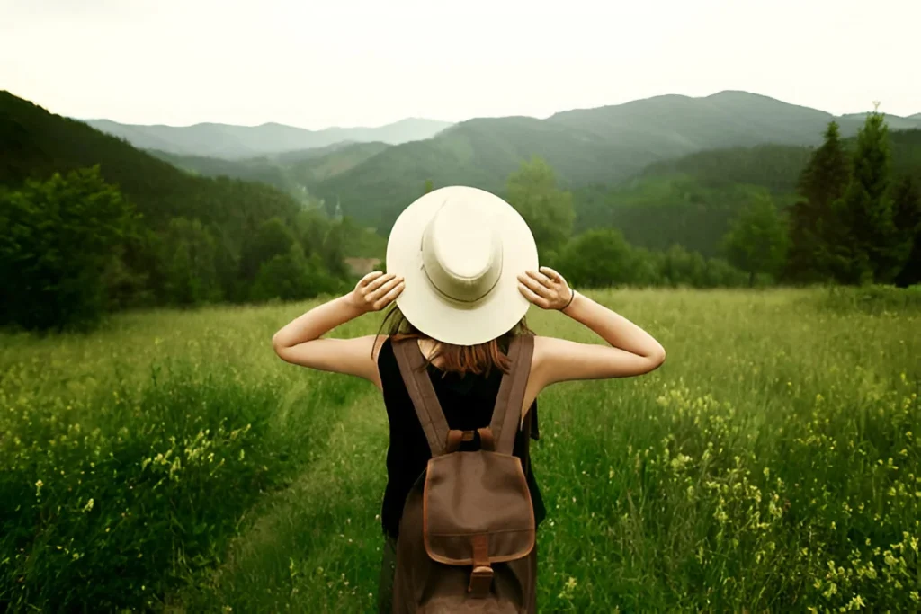 woman traveler with backpack holding hat and looking at amazing mountains