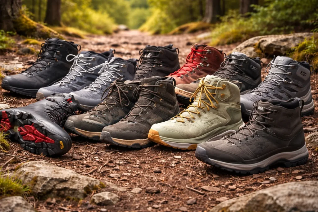 Best Hiking Boots for Men displayed on a rugged forest trail, showcasing durable designs built for comfort, grip, and long-distance outdoor adventures.
