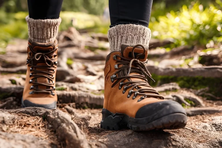 Close-up of sturdy leather boots on a forest trail, representing the best hiking boots for men for outdoor adventures.