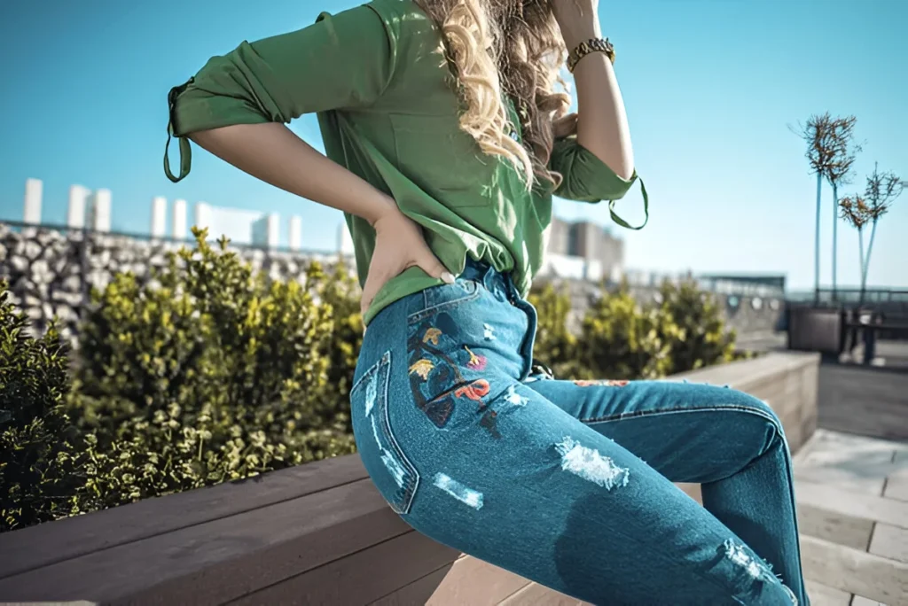 Trendy embroidered denim styled with a green blouse, highlighting the best jeans for women for a chic and modern look