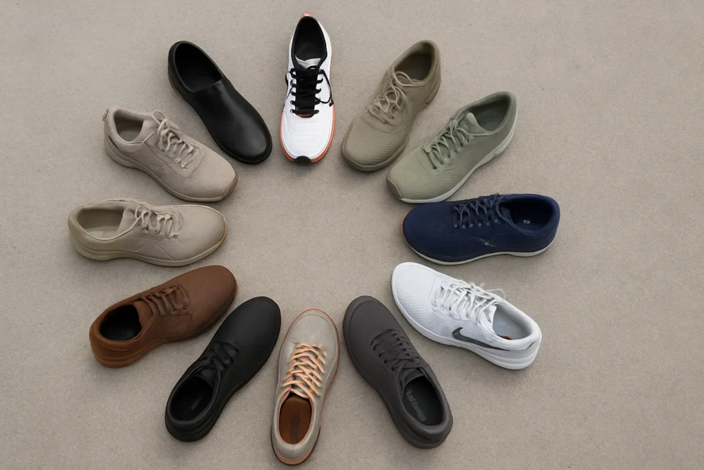 A variety of stylish and durable men's walking shoes arranged in a circle on a smooth surface, showcasing the best walking shoes for men in different colors and designs