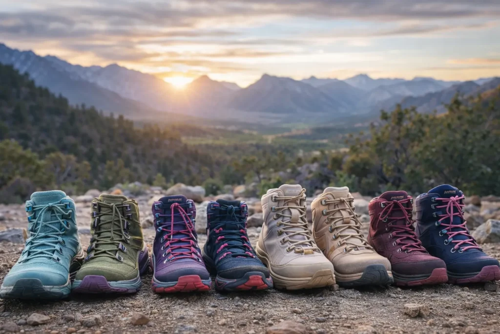 Best Hiking Boots for women lined up on a scenic mountain trail, highlighting durable, supportive designs built for outdoor adventures and all-day comfort.
