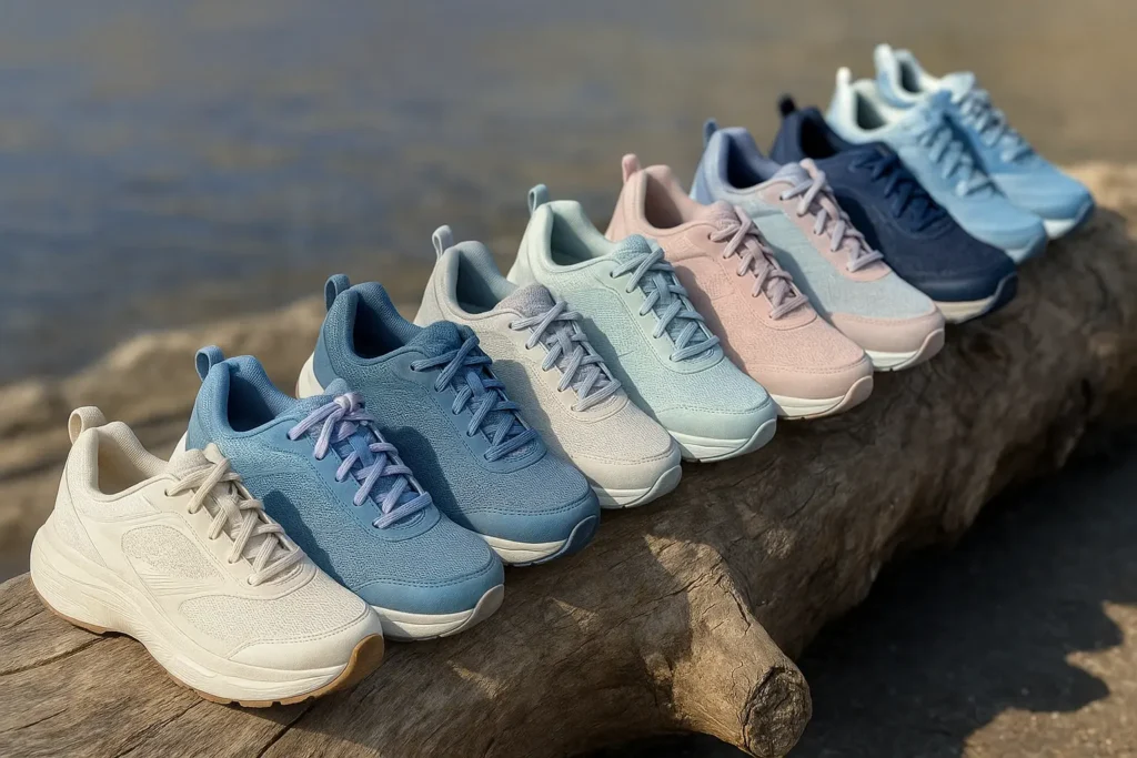 A lineup of stylish pastel sneakers arranged on a log, showcasing some of the Best Walking Shoes for Women for comfort and style
