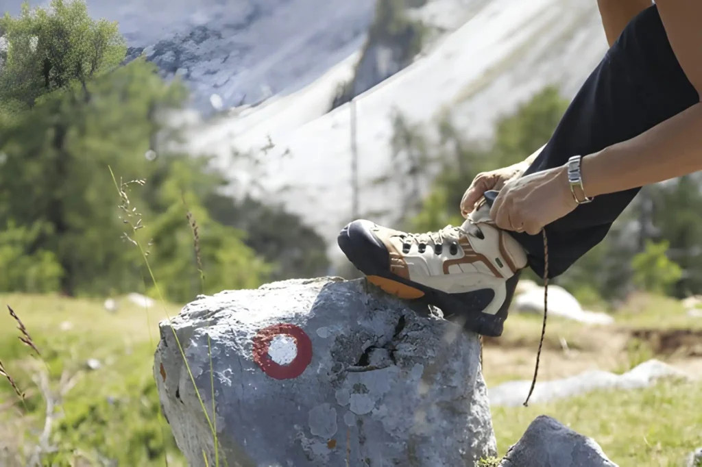 Hiker tying boot laces on rock with signpost, high in the mountains