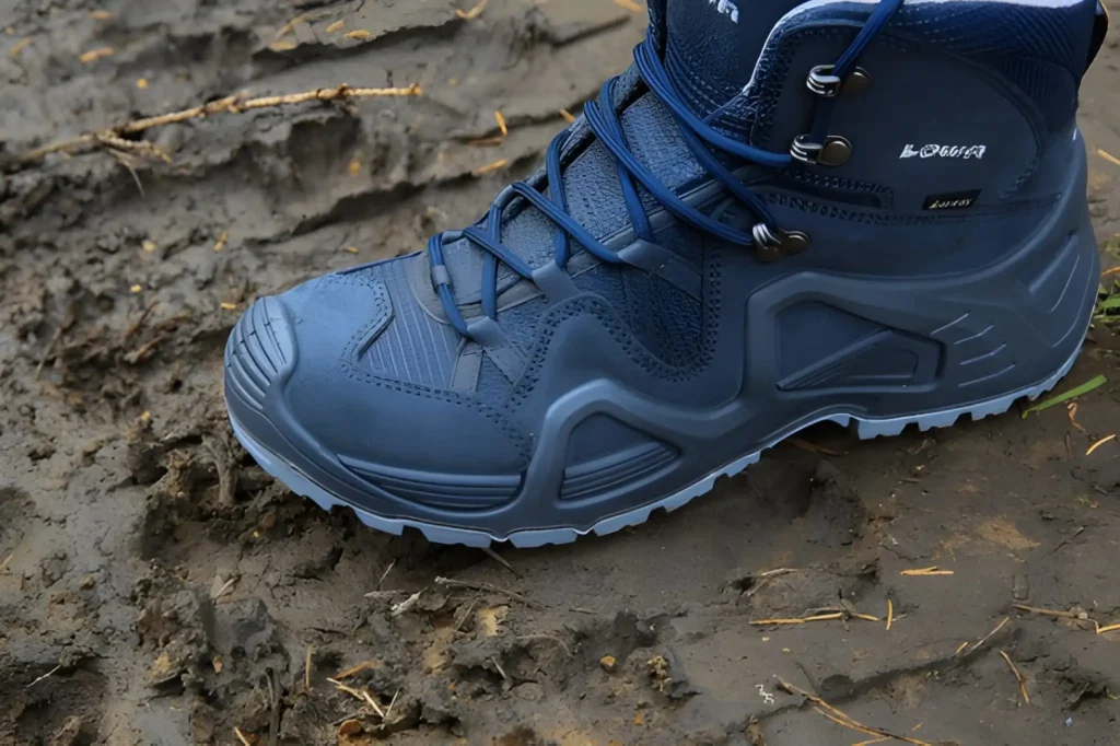 Close-up of a waterproof hiking boot on a muddy trail, showcasing the Best Hiking Boots for Women.