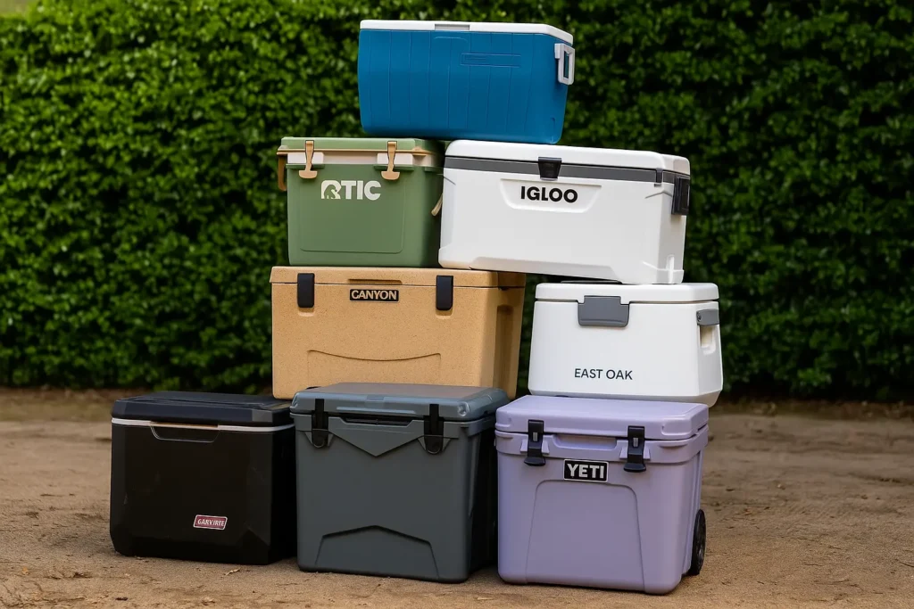 Stack of various high-quality ice chests from top brands arranged outdoors, representing the Best Coolers for camping and outdoor adventures