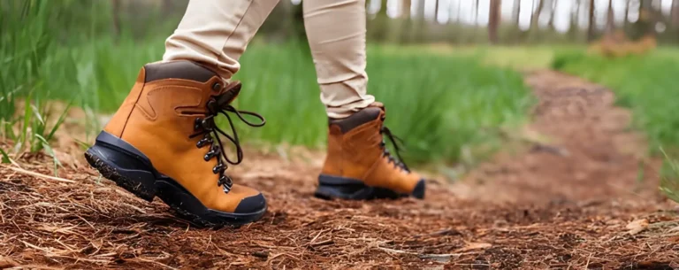 Close-up of a woman walking on a forest trail wearing durable boots, showcasing the Hiking Boots for Women