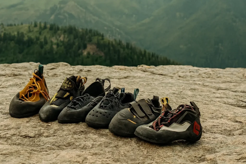 A lineup of various rock shoes placed on a cliff edge with mountains in the background, showcasing options often considered among the Best Climbing Shoes for outdoor climbers.