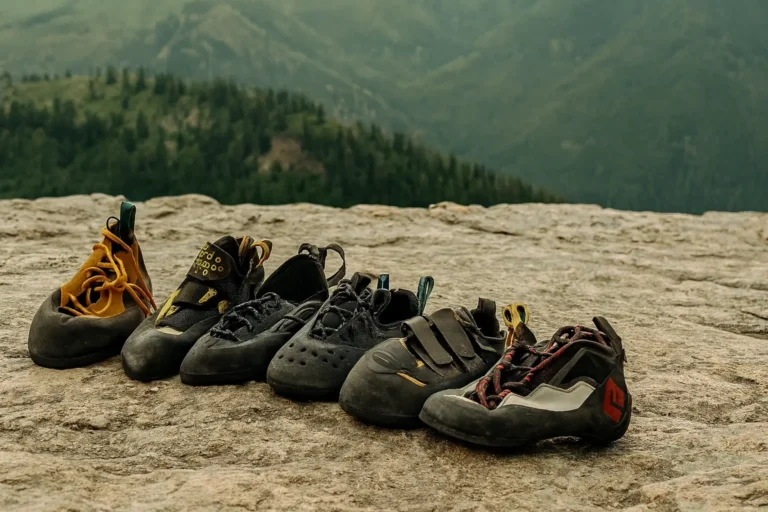 A lineup of various rock shoes placed on a cliff edge with mountains in the background, showcasing options often considered among the Best Climbing Shoes for outdoor climbers.