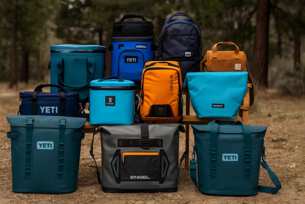 Assorted Best Soft Coolers arranged outdoors in a natural hiking setting, showcasing durable, portable designs ideal for camping and travel