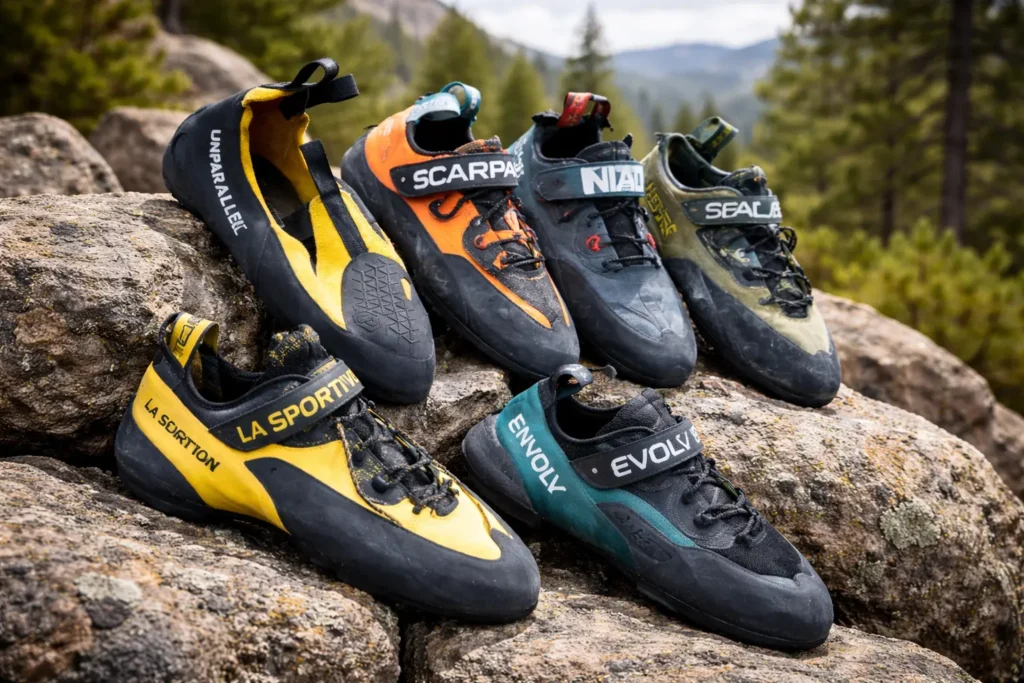 Best Climbing Shoes for Men displayed on rugged rock terrain, featuring multiple performance-focused designs ideal for outdoor and gym climbing